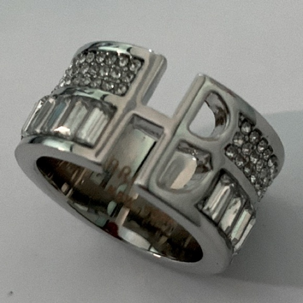 Henri bendel Silver Crystal Logo Ring size 7